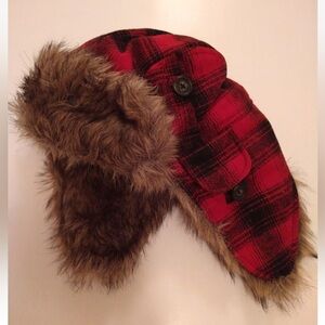 American Eagle Adults Red Plaid Faux Fur Lined Wool Blend Trapper Hat One Size